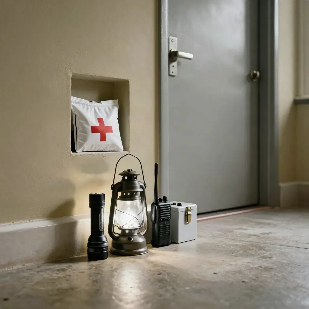 Stazione emergenza in corridoio con torcia, lanterna, radio e kit primo soccorso sigillato.