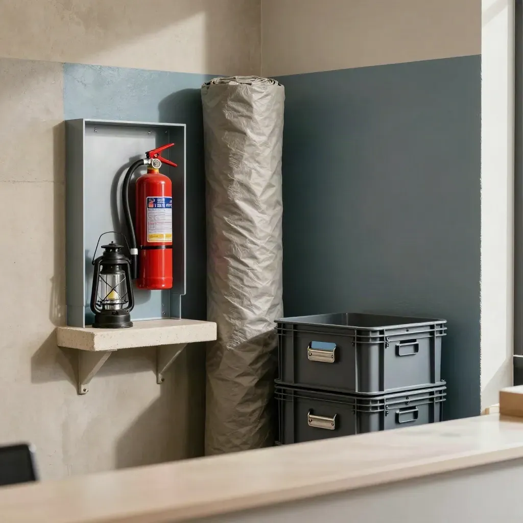 Angolo reception pronto ai controlli con coperta antincendio, staffa estintore, lanterna e cassette ordinate