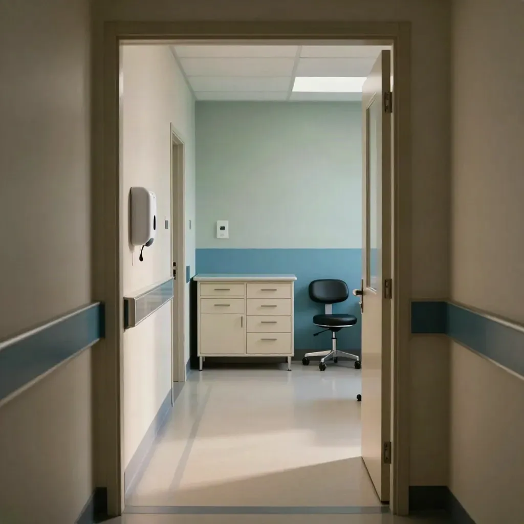 Corridoio di studio medico ordinato con dispenser, cassetti chiusi e sgabello allineato.