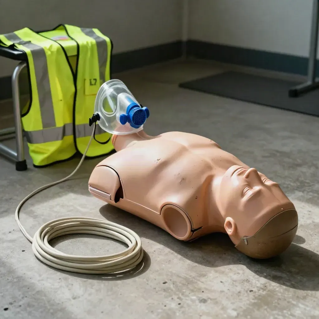 Torso da addestramento CPR con maschera trainer, gilet alta visibilità e cavo arrotolato