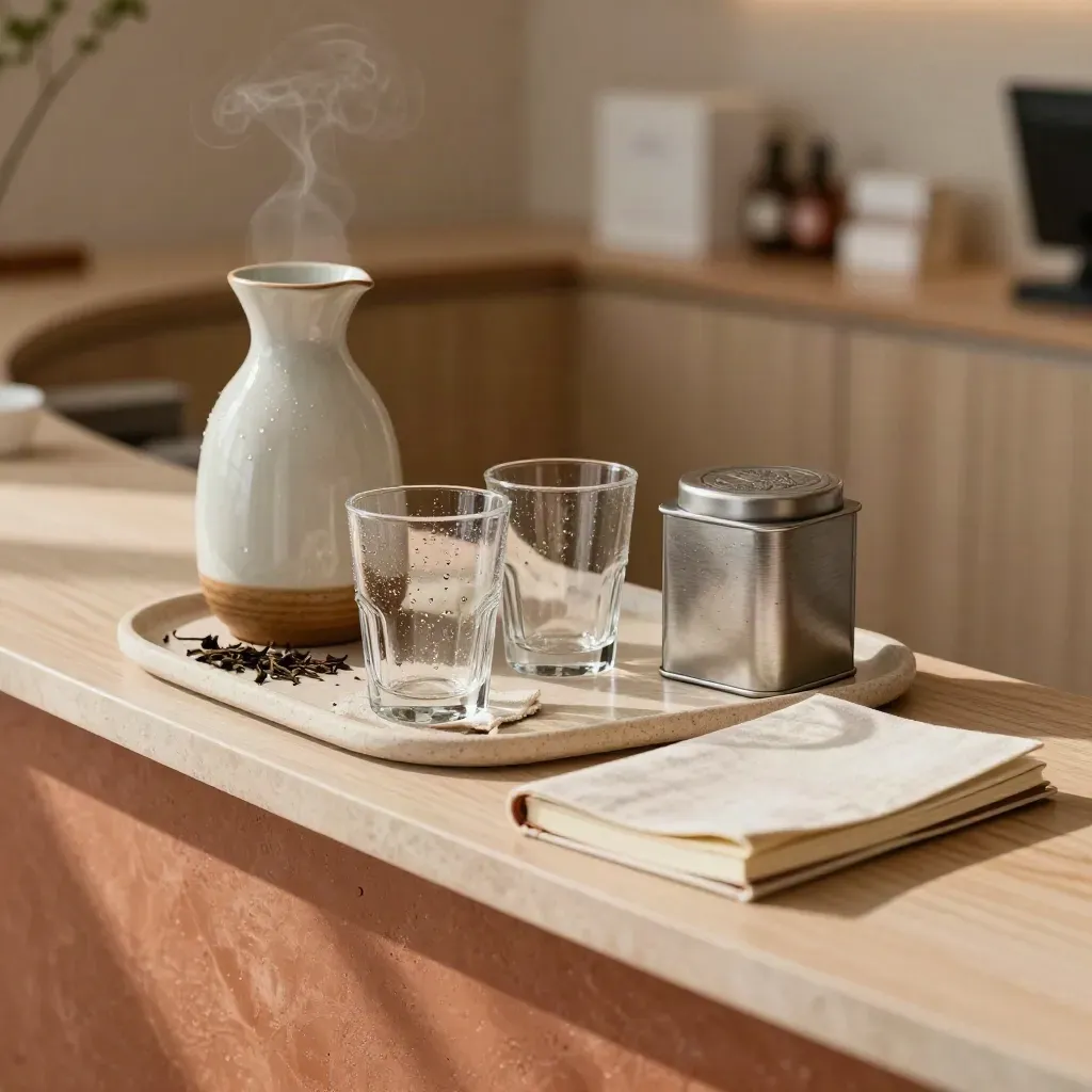 Caraffa d’acqua, bicchieri e tisana su banco caldo in una reception calma.