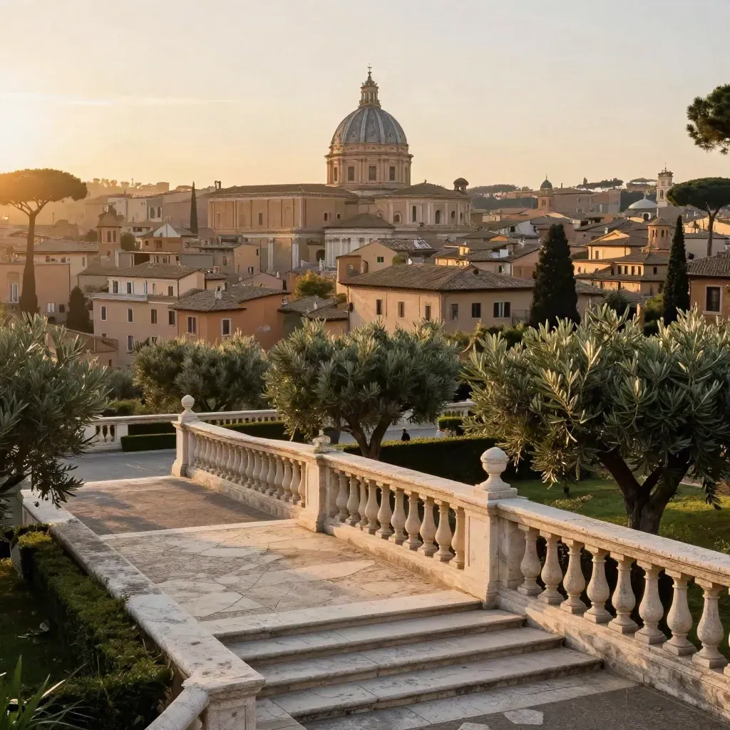 Vista di Roma al tramonto con cupole, tetti ocra e terrazze di pietra in luce dorata